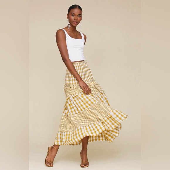 Avec Les Filles Dresses & Skirts - Avec Les Filles mixed print tiered cotton Gingham Maxi Skit